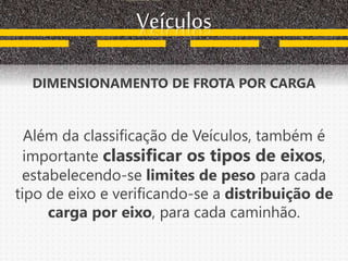 DIMENSIONAMENTO DE FROTA POR CARGA
Além da classificação de Veículos, também é
importante classificar os tipos de eixos,
estabelecendo-se limites de peso para cada
tipo de eixo e verificando-se a distribuição de
carga por eixo, para cada caminhão.
Veículos
 