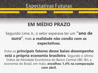Expectativas Futuras
EM MÉDIO PRAZO
Segundo Lima Jr., o setor esperava ter um “ano de
ouro”, mas a realidade não condiz com as
expectativas.
Entre os principais fatores desse baixo desempenho
está a própria economia brasileira. Segundo o último
Índice de Atividade Econômica do Banco Central (IBC-Br), a
economia do Brasil, em maio, encolheu 1,4% na comparação
com abril.
 