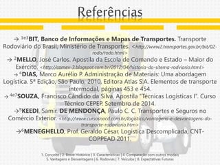 → 1e3BIT, Banco de Informações e Mapas de Transportes. Transporte
Rodoviário do Brasil, Ministério de Transportes. <http://www2.transportes.gov.br/bit/02-
rodo/rodo.html>
→ 2MELLO, José Carlos. Apostila da Escola de Comando e Estado – Maior do
Exército. <http://comex-3.blogspot.com.br/2012/04/historia-do-sitema-rodviario.html>
→ 4DIAS, Marco Aurélio P. Administração de Materiais: Uma abordagem
Logística. 5ª Edição, São Paulo, 2010, Editora Atlas S.A. Elementos de transporte
intermodal, páginas 453 e 454.
→ 4e7SOUZA, Francisco Cândido da Silva. Apostila “Técnicas Logísticas I”. Curso
Técnico CEPEP. Setembro de 2014.
→5KEEDI, Samir. DE MENDONÇA, Paulo C. C. Transportes e Seguros no
Comércio Exterior. <http://www.cursosnocd.com.br/logistica/vantagens-e-desvantagens-do-
transporte-rodoviario.htm>
→6MENEGHELLO, Prof. Geraldo César. Logística Descomplicada, CNT-
COPPEAD 2011.
1. Conceito | 2. Breve Histórico | 3. Características | 4. Comparação com outros modais
5. Vantagens e Desvantagens | 6. Rodovias | 7. Veículos | 8. Expectativas Futuras
Referências
 