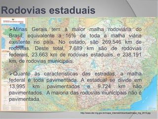 Rodovias estaduais
Minas Gerais tem a maior malha rodoviária do
Brasil, equivalente a 16% de toda a malha viária
existente no país. No estado, são 269.546 km de
rodovias. Deste total, 7.689 km são de rodovias
federais, 23.663 km de rodovias estaduais, e 238.191
km, de rodovias municipais.
Quanto às características das estradas, a malha
federal é toda pavimentada. A estadual se divide em
13.995 km pavimentados e 9.724 km não
pavimentados. A maioria das rodovias municipais não é
pavimentada.
http://www.der.mg.gov.br/mapa_internet2/download/mapa_mg_2013.jpg
 