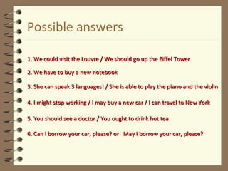 Possible answers 1. We could visit the Louvre / We should go up the Eiffel Tower 2. We have to buy a new notebook 3. She c...