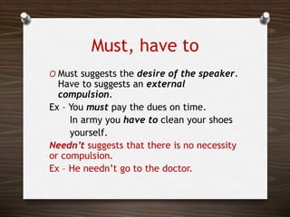 Must, have to
O Must suggests the desire of the speaker.
Have to suggests an external
compulsion.
Ex – You must pay the dues on time.
In army you have to clean your shoes
yourself.
Needn’t suggests that there is no necessity
or compulsion.
Ex – He needn’t go to the doctor.
 