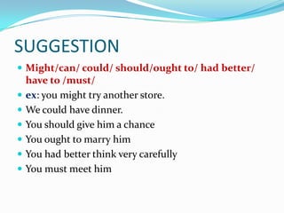 SUGGESTION
 Might/can/ could/ should/ought to/ had better/
    have to /must/
   ex: you might try another store.
   We could have dinner.
   You should give him a chance
   You ought to marry him
   You had better think very carefully
   You must meet him
 