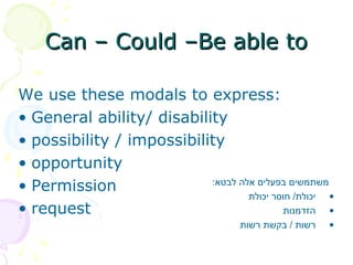 Can – Could –Be able toCan – Could –Be able to
We use these modals to express:
• General ability/ disability
• possibility / impossibility
• opportunity
• Permission
• request
:‫לבטא‬ ‫אלה‬ ‫בפעלים‬ ‫משתמשים‬
•‫יכולת‬ ‫חוסר‬ /‫יכולת‬
•‫הזדמנות‬
•‫רשות‬ ‫בקשת‬ / ‫רשות‬
 
