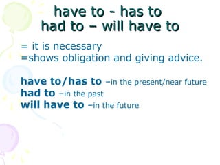 have to - has tohave to - has to
had to – will have tohad to – will have to
= it is necessary
=shows obligation and giving advice.
have to/has to –in the present/near future
had to –in the past
will have to –in the future
 