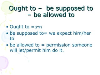 Ought to – be supposed toOught to – be supposed to
– be allowed to– be allowed to
• Ought to =‫חייב‬
• be supposed to= we expect him/her
to
• be allowed to = permission someone
will let/permit him do it.
 
