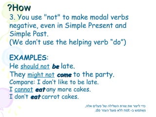 3. You use "not" to make modal verbs
negative, even in Simple Present and
Simple Past.
(We don’t use the helping verb “do”)
EXAMPLES:
He should not bebe late.
They might not comecome to the party.
Compare: I don’t like to be late.
I cannot eateat any more cakes.
I don’t eateat carrot cakes.
,‫אלה‬ ‫פעלים‬ ‫של‬ ‫השלילה‬ ‫צורת‬ ‫את‬ ‫ליצור‬ ‫כדי‬
-‫ב‬ ‫נשתמש‬not‫העזר‬ ‫פועל‬ ‫ללא‬do.
HowHow??
 