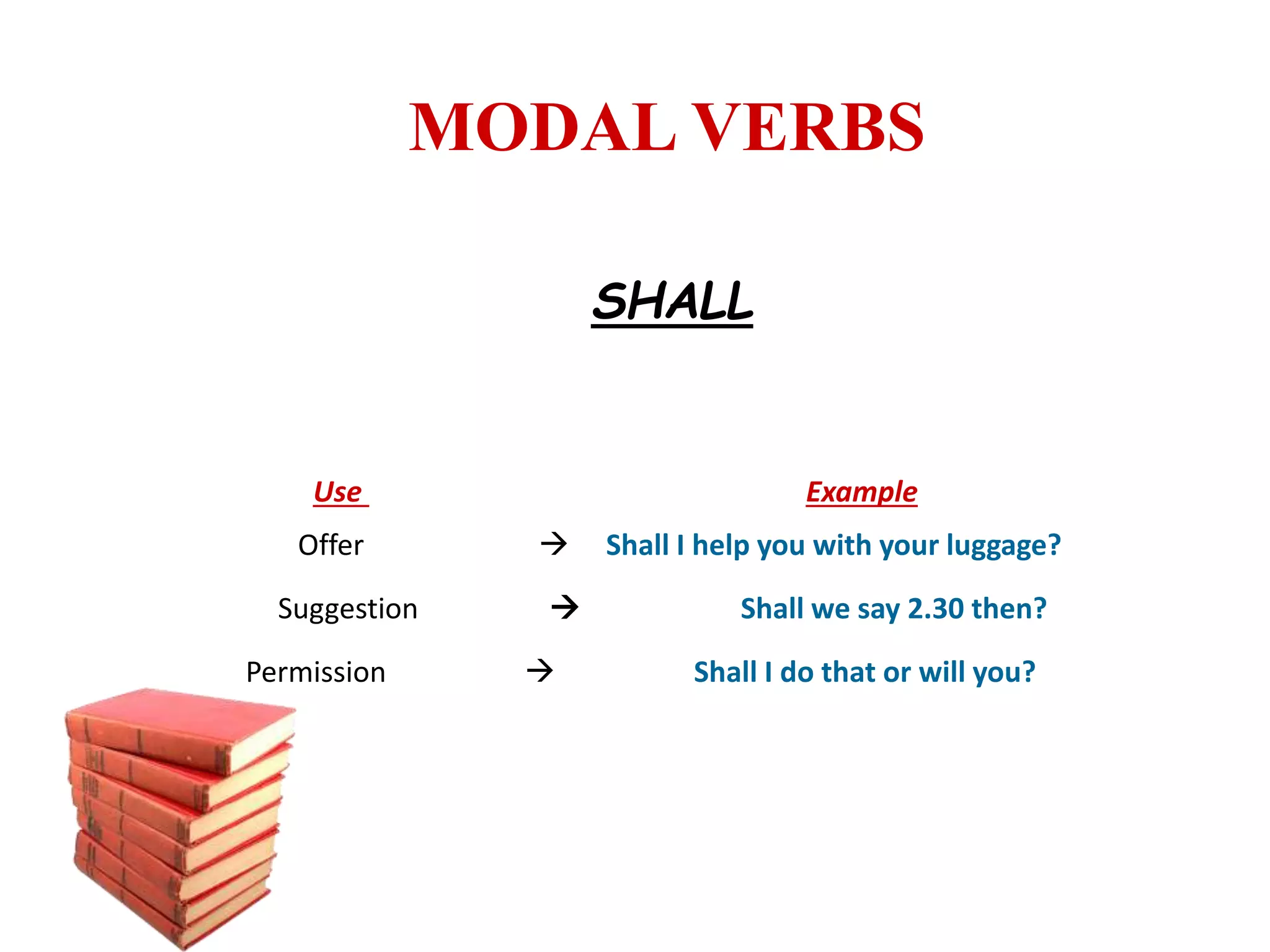 MODAL VERBS
SHALL
Use Example
Offer  Shall I help you with your luggage?
Suggestion  Shall we say 2.30 then?
Permission  Shall I do that or will you?
 