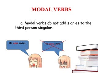 MODAL VERBS
a. Modal verbs do not add s or es to the
third person singular.
He can swim. He cans swim.
 
