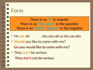 Form
 He can ski He cans ski or He can skis
 Would you like to come with me?
Do you would like to come with me?
 They can’t be serious
They don’t can be serious
There is no “s” in singular
There is no “do / does” in the question
There is no “don’t / doesn’t” in the negative
 
