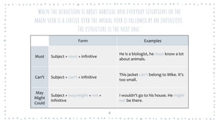 When the deduction is about habitual and everyday situations or the
main verb is a stative verb the modal verb is fallowed by an infinitive.
The estructure is the next one:
4
Form Examples
Must Subject + must + infinitive
He is a biologist, he must know a lot
about animals.
Can’t Subject + can't + infinitive
This jacket can't belong to Mike. It's
too small.
May
Might
Could
Subject + may/might + not +
infinitive
I wouldn't go to his house. He might
not be there.
 