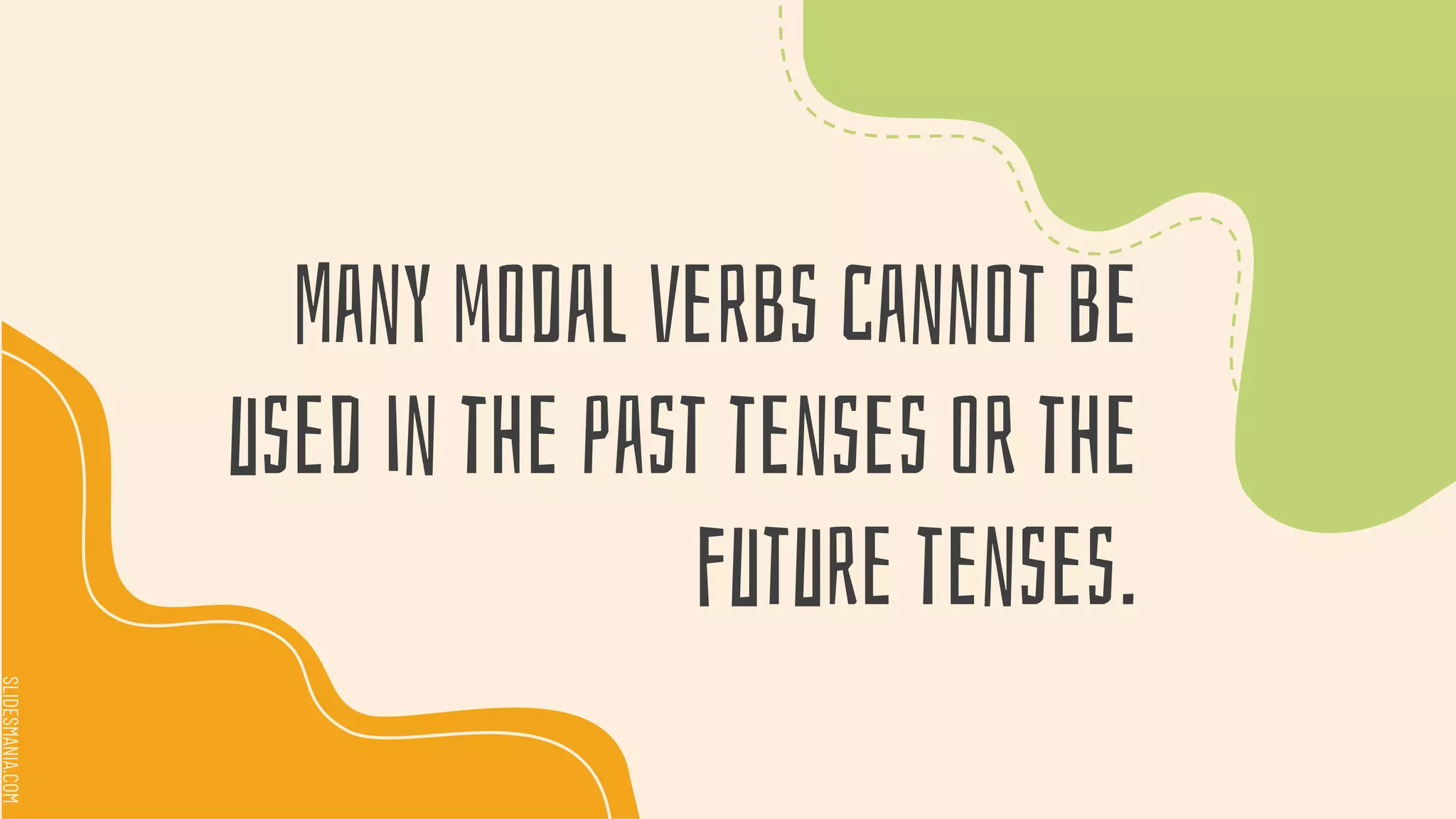 SLIDESMANIA.COM
SLIDESMANIA.COM
Many modal verbs cannot be
used in the past tenses or the
future tenses.
 