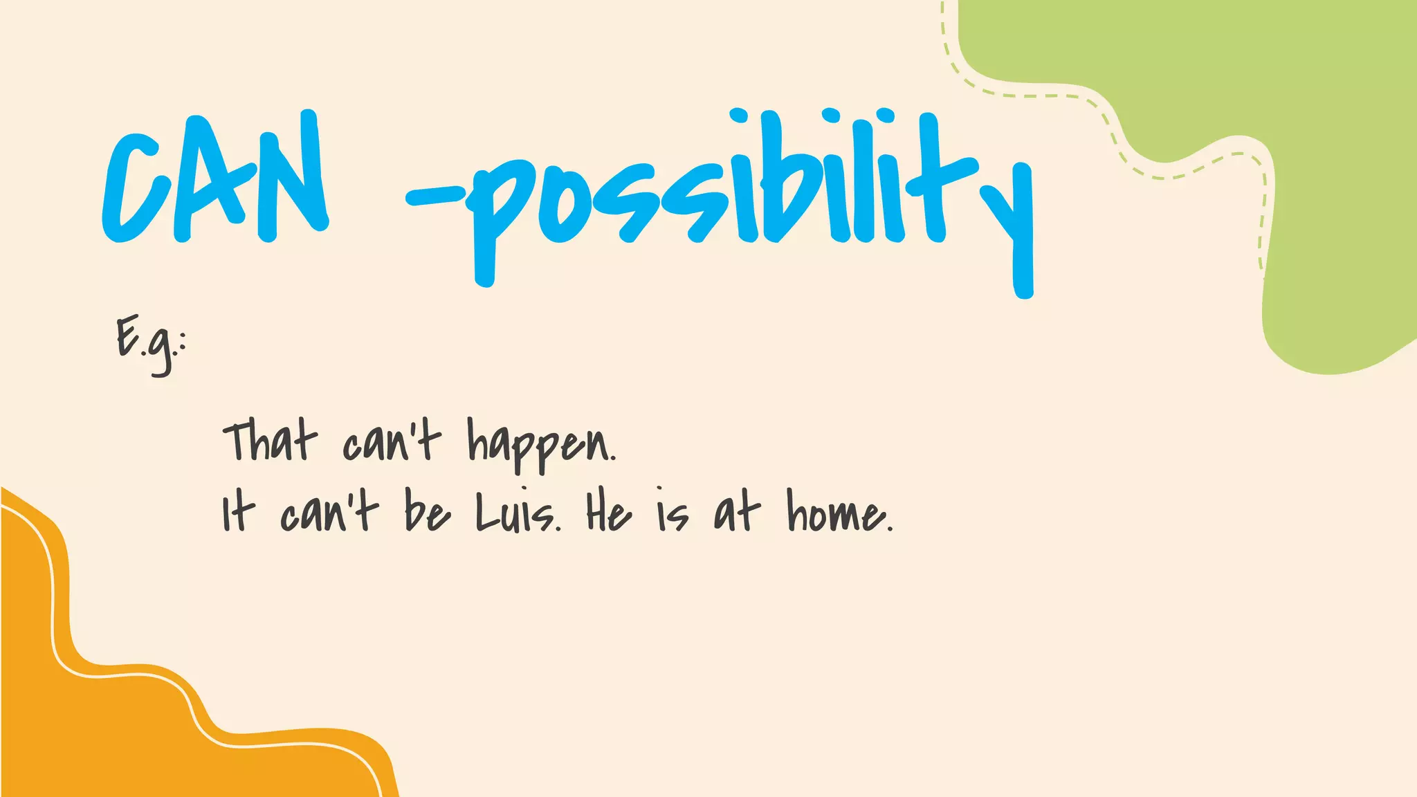 SLIDESMANIA.COM
CAN -possibility
E.g.:
That can’t happen.
It can’t be Luis. He is at home.
 