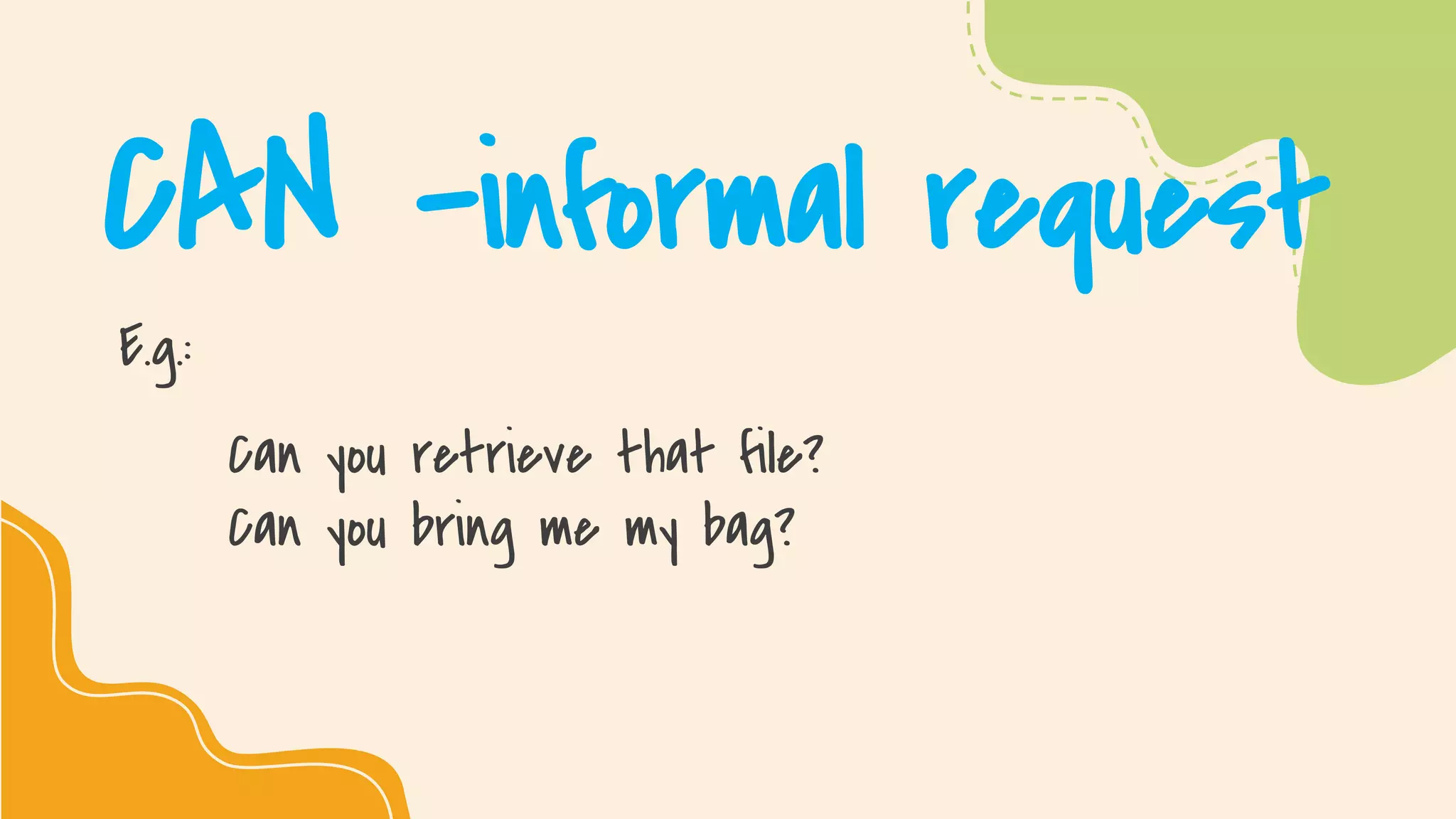 SLIDESMANIA.COM
CAN –informal request
E.g.:
Can you retrieve that file?
Can you bring me my bag?
 