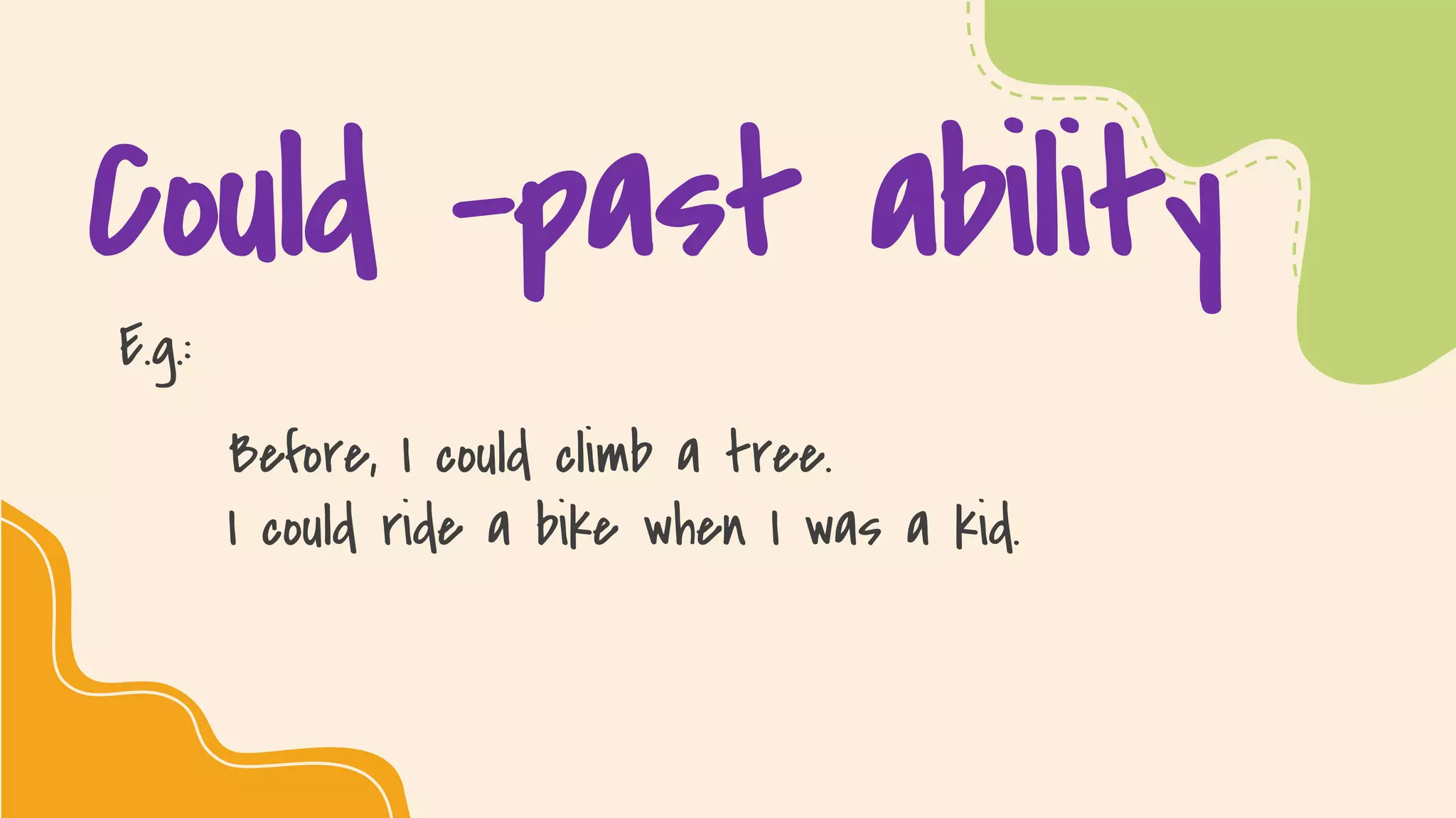 SLIDESMANIA.COM
Could –past ability
E.g.:
Before, I could climb a tree.
I could ride a bike when I was a kid.
 