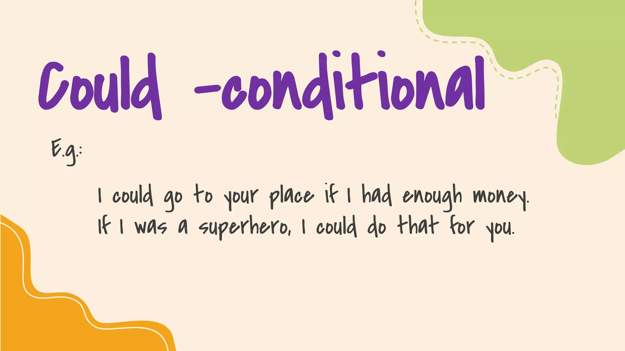 SLIDESMANIA.COM
Could –conditional
E.g.:
I could go to your place if I had enough money.
If I was a superhero, I could do that for you.
 