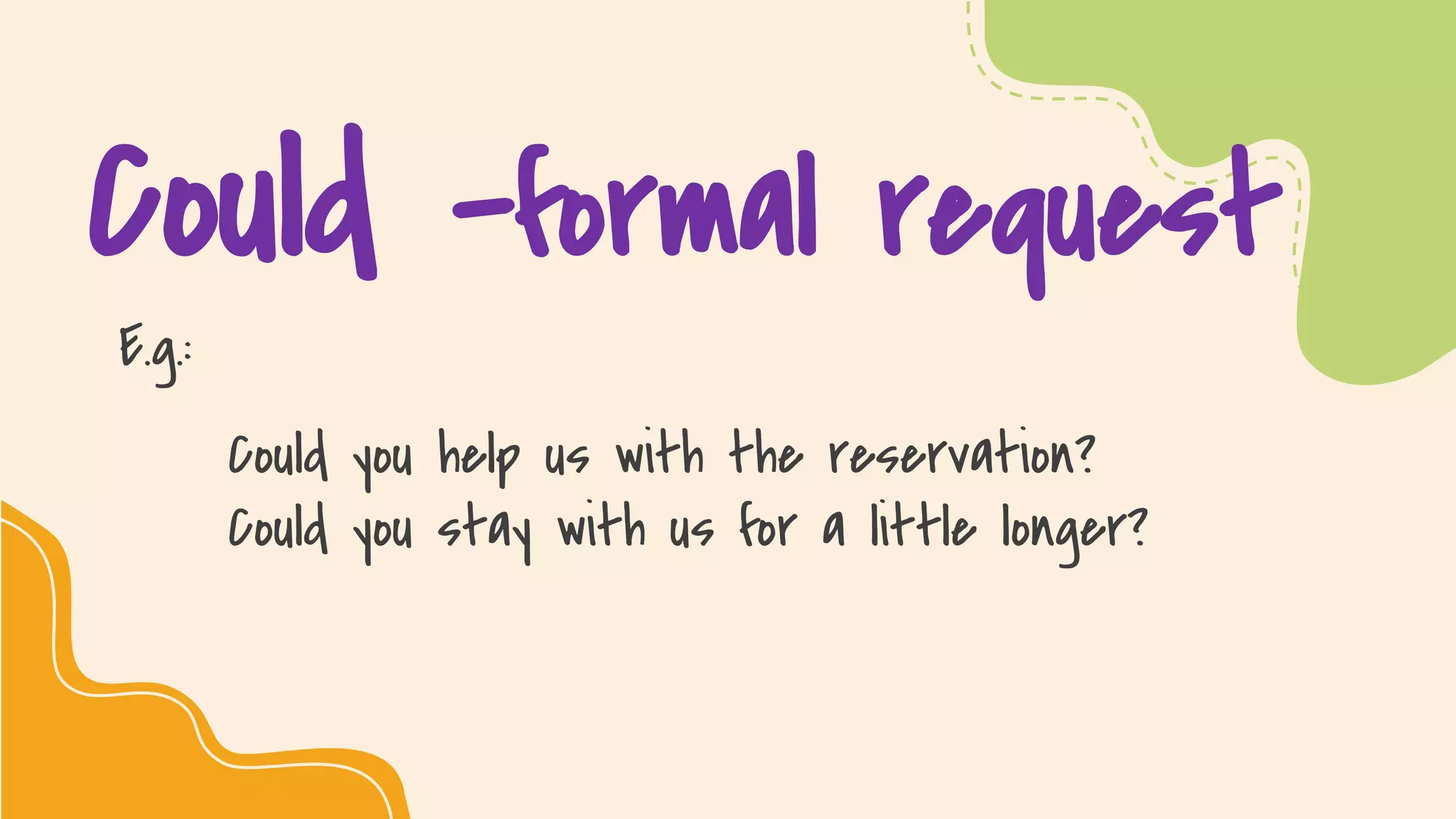 SLIDESMANIA.COM
Could –formal request
E.g.:
Could you help us with the reservation?
Could you stay with us for a little longer?
 