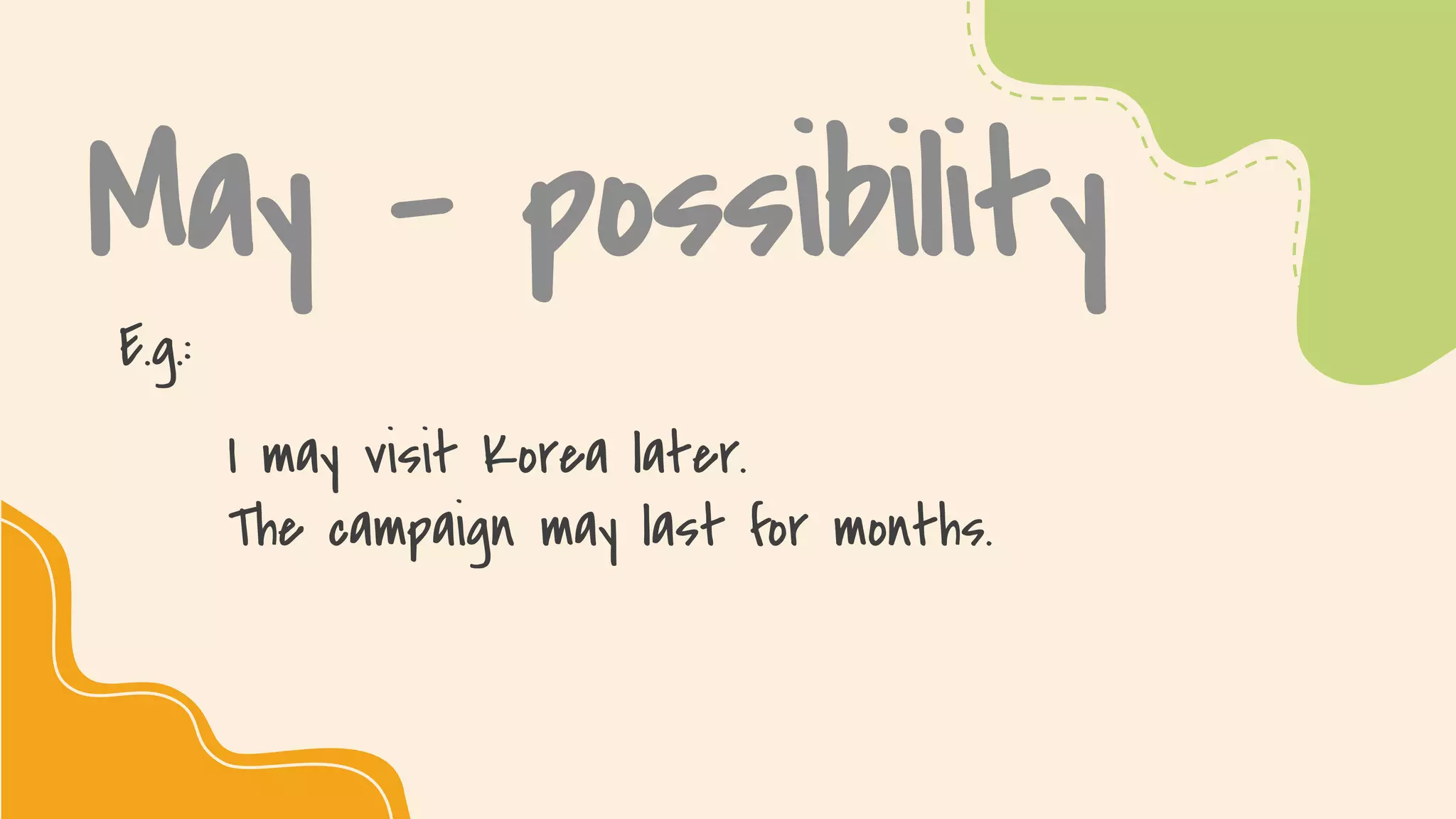 SLIDESMANIA.COM
May - possibility
E.g.:
I may visit Korea later.
The campaign may last for months.
 