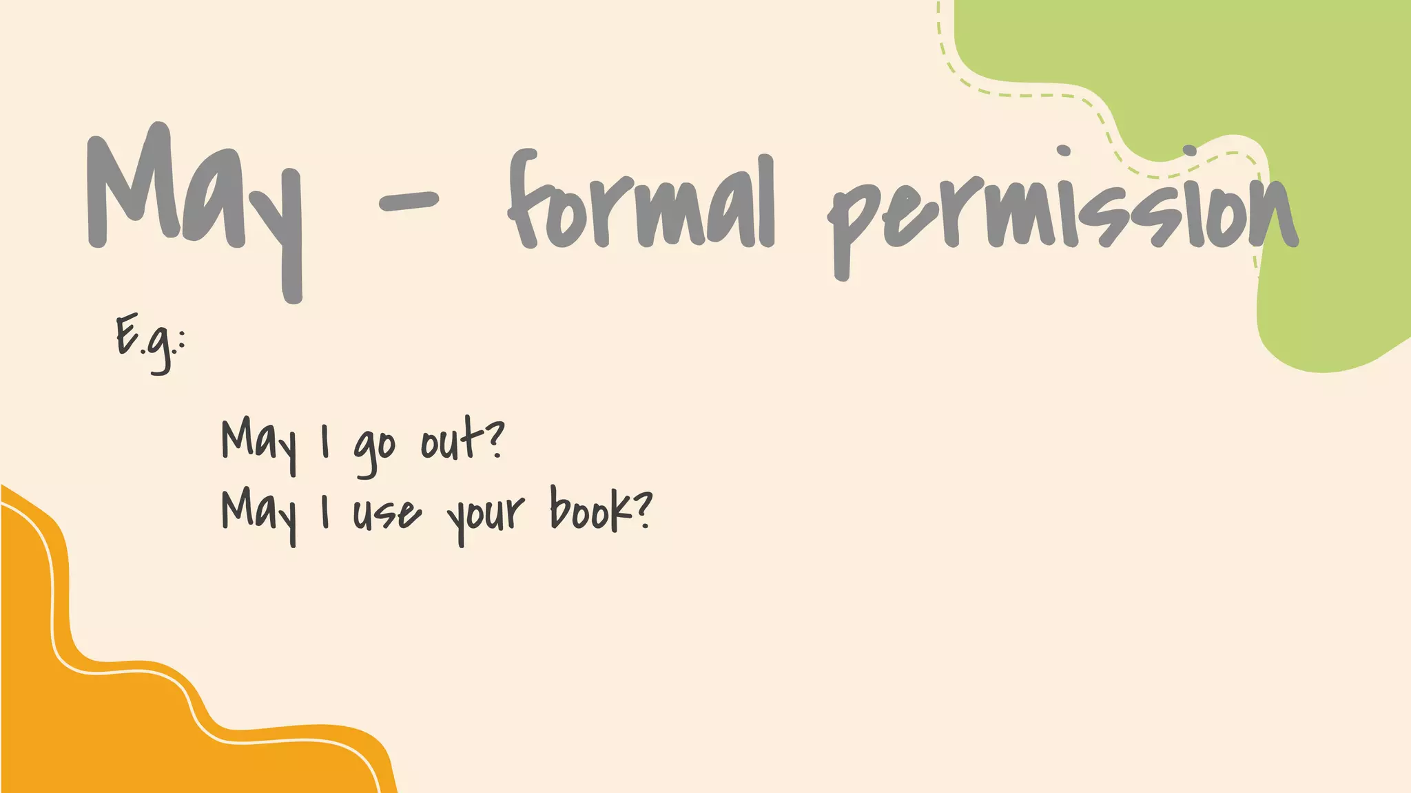 SLIDESMANIA.COM
May – formal permission
E.g.:
May I go out?
May I use your book?
 
