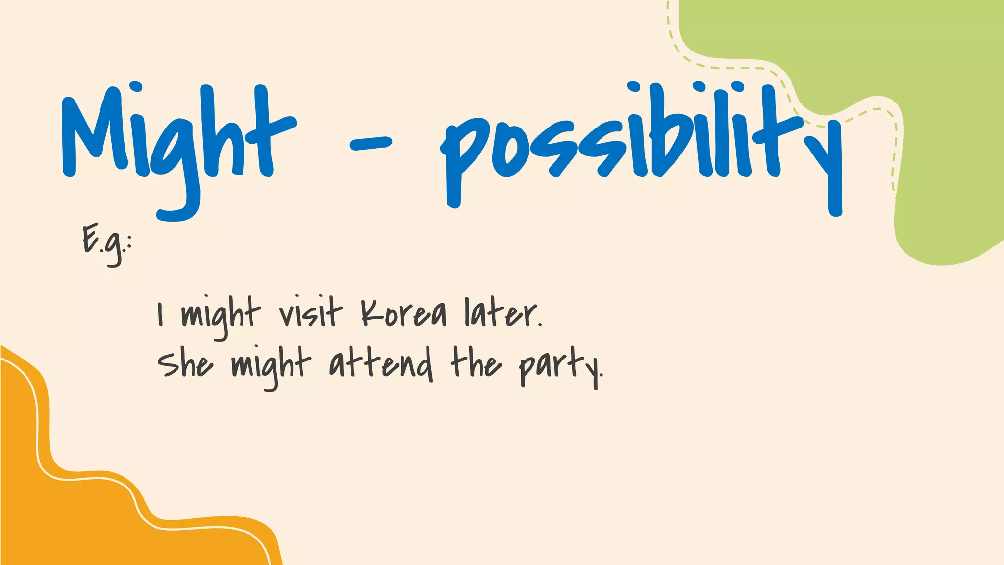 SLIDESMANIA.COM
Might - possibility
E.g.:
I might visit Korea later.
She might attend the party.
 