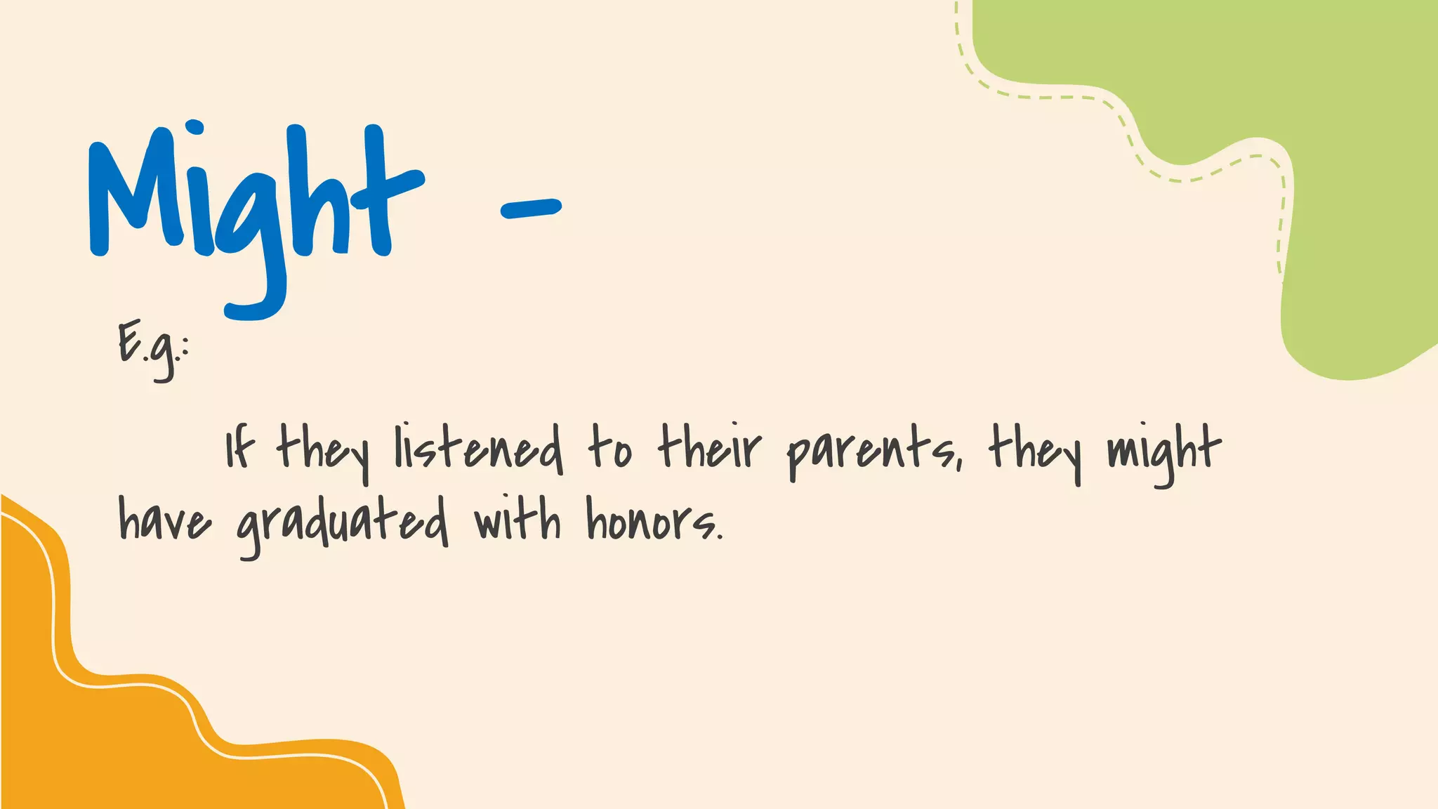 SLIDESMANIA.COM
Might -
E.g.:
If they listened to their parents, they might
have graduated with honors.
 