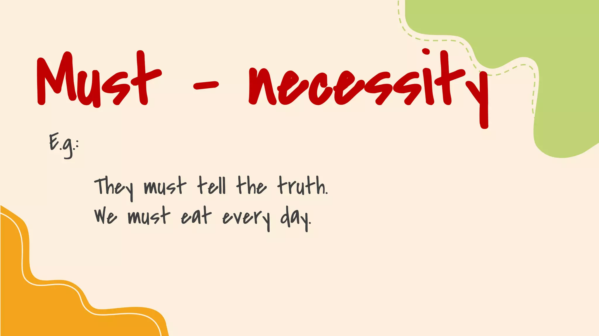 SLIDESMANIA.COM
Must – necessity
E.g.:
They must tell the truth.
We must eat every day.
 