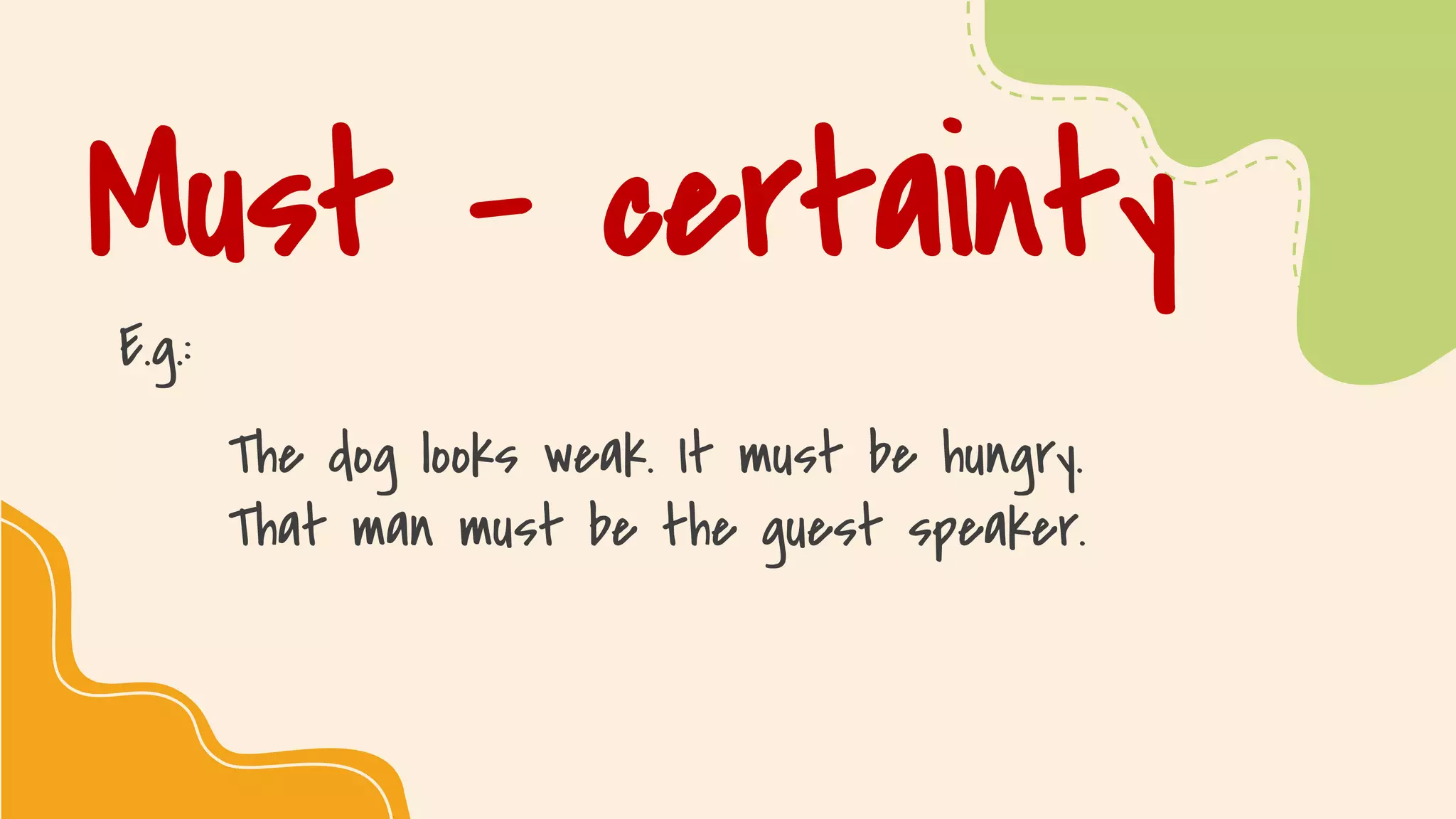 SLIDESMANIA.COM
Must – certainty
E.g.:
The dog looks weak. It must be hungry.
That man must be the guest speaker.
 
