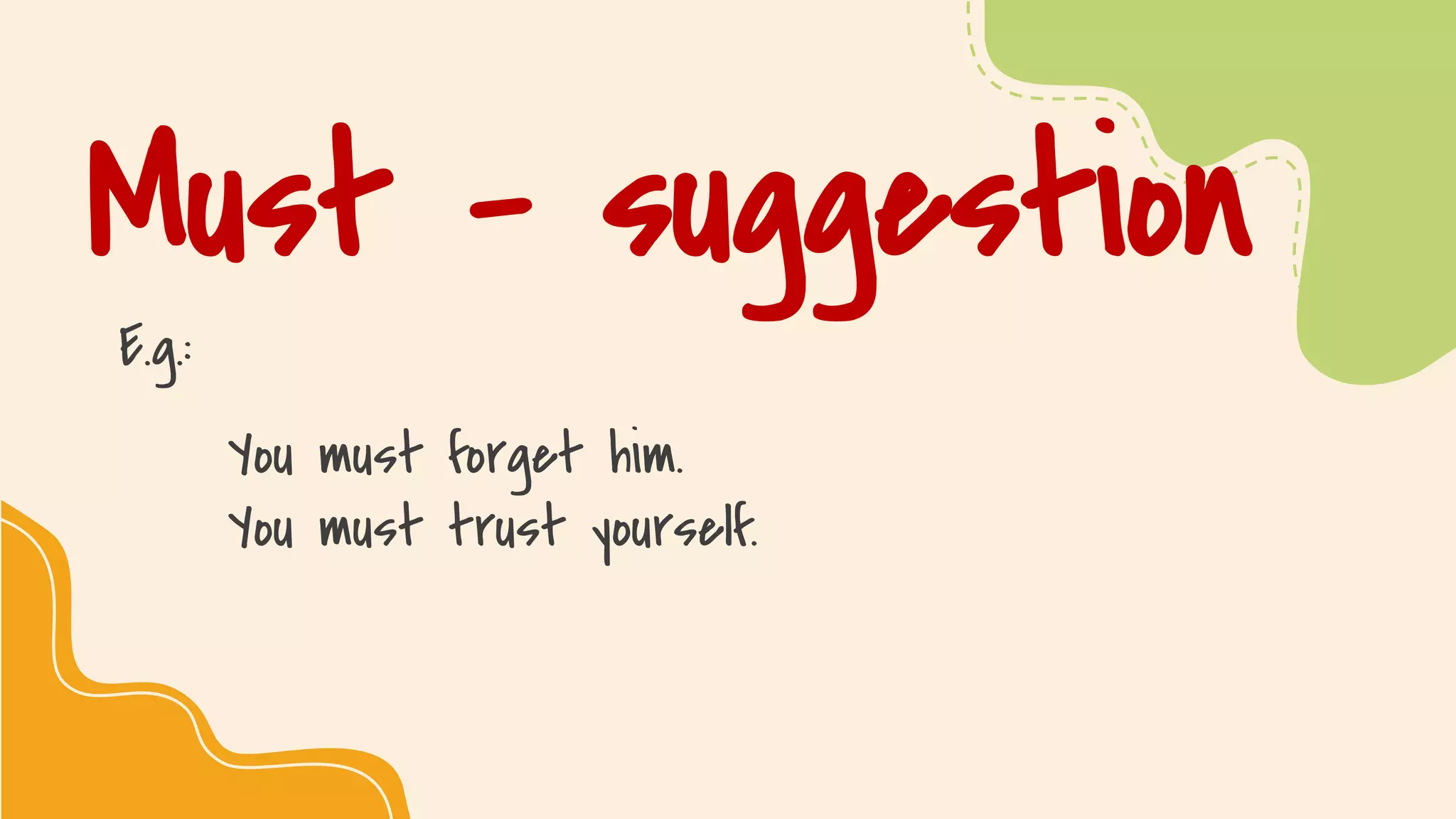 SLIDESMANIA.COM
Must – suggestion
E.g.:
You must forget him.
You must trust yourself.
 