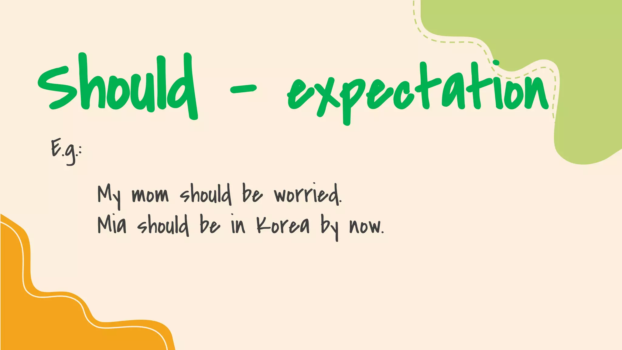 SLIDESMANIA.COM
Should - expectation
E.g.:
My mom should be worried.
Mia should be in Korea by now.
 