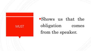 MUST
Shows us that the
obligation comes
from the speaker.
 