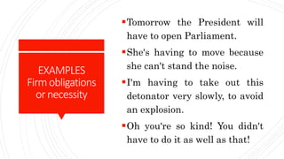 EXAMPLES
Firmobligations
ornecessity
Tomorrow the President will
have to open Parliament.
She's having to move because
she can't stand the noise.
I'm having to take out this
detonator very slowly, to avoid
an explosion.
Oh you're so kind! You didn't
have to do it as well as that!
 