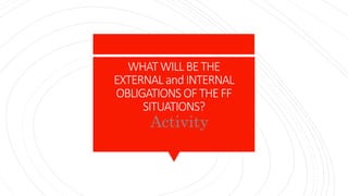 WHATWILLBETHE
EXTERNAL andINTERNAL
OBLIGATIONS OFTHEFF
SITUATIONS?
Activity
 