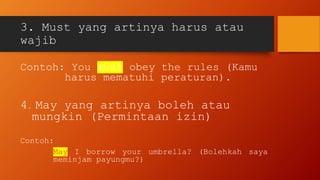 3. Must yang artinya harus atau
wajib
Contoh: You must obey the rules (Kamu
harus mematuhi peraturan).
4. May yang artinya boleh atau
mungkin (Permintaan izin)
Contoh:
May I borrow your umbrella? (Bolehkah saya
meminjam payungmu?)
 