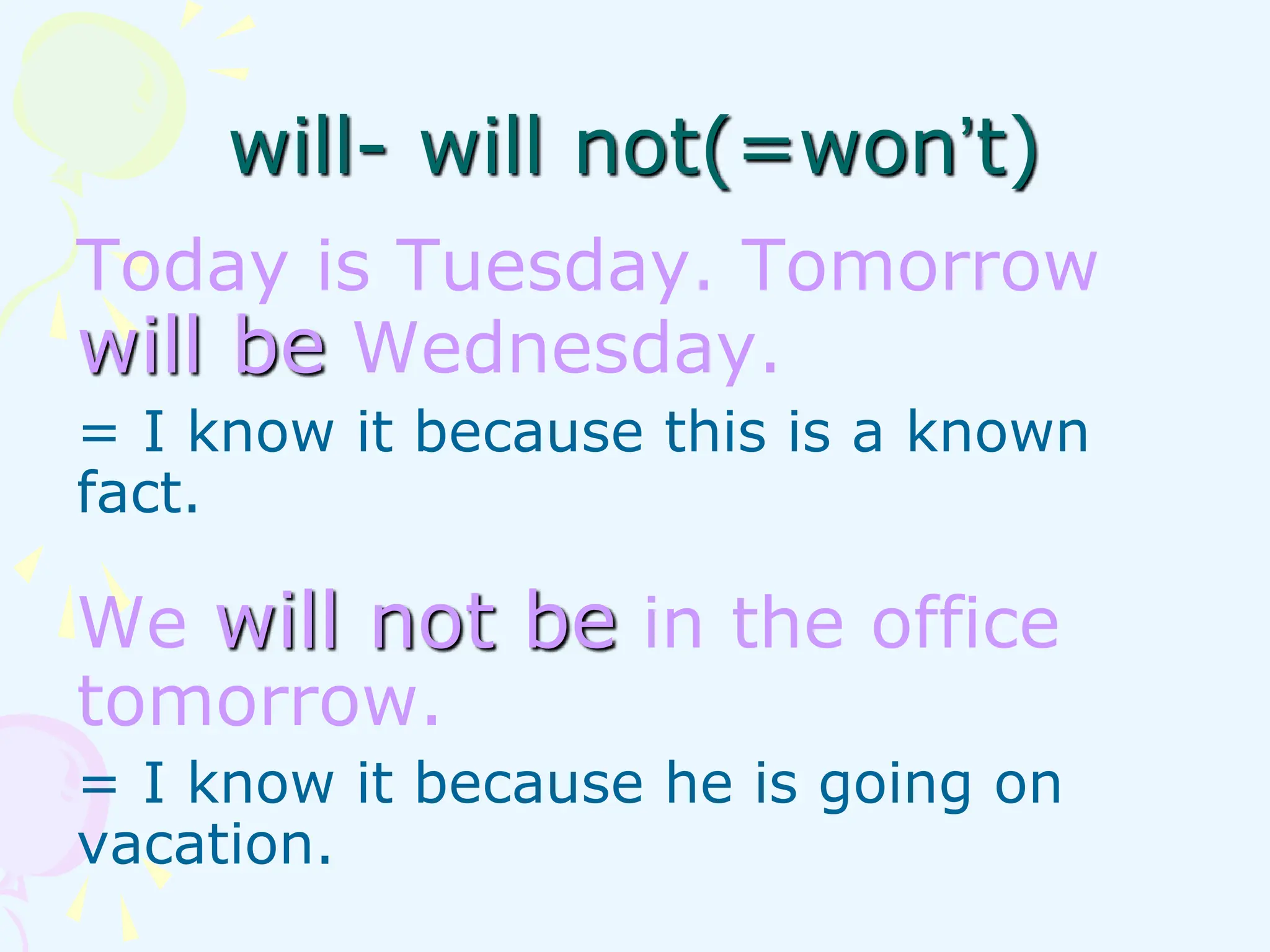 Today is Tuesday. Tomorrow
will be Wednesday.
= I know it because this is a known
fact.
We will not be in the office
tomorrow.
= I know it because he is going on
vacation.
will- will not(=won’t)
 