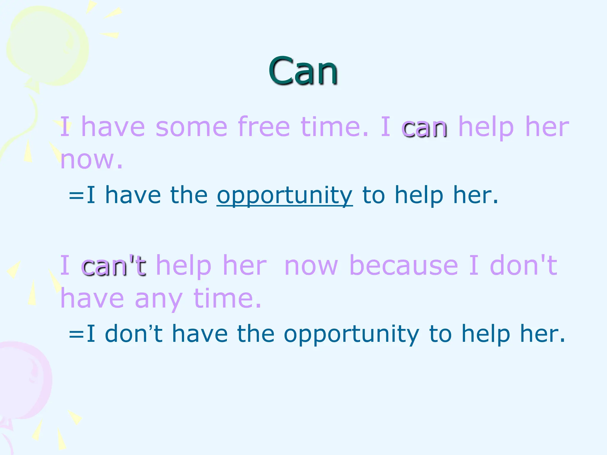 Can
I have some free time. I can help her
now.
=I have the opportunity to help her.
I can't help her now because I don't
have any time.
=I don’t have the opportunity to help her.
 