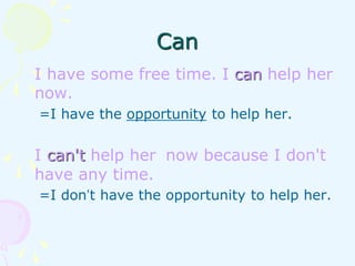 Can
I have some free time. I can help her
now.
=I have the opportunity to help her.
I can't help her now because I don't
have any time.
=I don’t have the opportunity to help her.
 