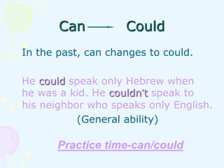Can Could
In the past, can changes to could.
He could speak only Hebrew when
he was a kid. He couldn’t speak to
his neighbor who speaks only English.
(General ability)
Practice time-can/could
 