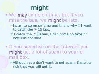 • We may come on time, but if you
miss the bus, we might be late.
=I plan to come on time and this is why I I want
to catch the 7:15 bus.
If I catch the 7:30 bus, I can come on time or
not, I’m not sure.
• If you advertise on the Internet you
might get a lot of spam to your e-
mail box.
=Although you don’t want to get spam, there’s a
risk that you will get it.
might
 