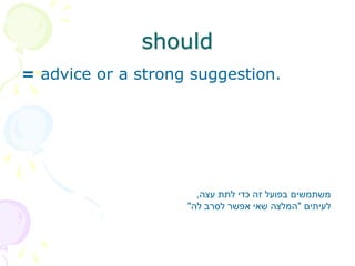 should
= advice or a strong suggestion.
‫עצה‬ ‫לתת‬ ‫כדי‬ ‫זה‬ ‫בפועל‬ ‫משתמשים‬
,
‫לעיתים‬
"
‫לה‬ ‫לסרב‬ ‫אפשר‬ ‫שאי‬ ‫המלצה‬
"
 