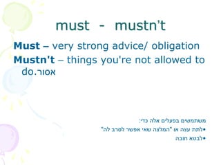 must - mustn’t
Must – very strong advice/ obligation
Mustn't – things you're not allowed to
do.‫אסור‬
‫כדי‬ ‫אלה‬ ‫בפעלים‬ ‫משתמשים‬
:
•
‫או‬ ‫עצה‬ ‫לתת‬
"
‫לה‬ ‫לסרב‬ ‫אפשר‬ ‫שאי‬ ‫המלצה‬
"
•
‫חובה‬ ‫לבטא‬
 