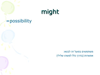 might
might
=possibility
:‫לבטא‬ ‫זה‬ ‫בפועל‬ ‫משתמשים‬
)‫שלילי‬ ‫למשהו‬ ‫כלל‬ ‫(בדרך‬ ‫אפשרות‬
 