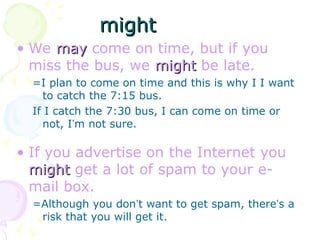 • We may
may come on time, but if you
miss the bus, we might
might be late.
=I plan to come on time and this is why I I want
to catch the 7:15 bus.
If I catch the 7:30 bus, I can come on time or
not, I’m not sure.
• If you advertise on the Internet you
might
might get a lot of spam to your e-
mail box.
=Although you don’t want to get spam, there’s a
risk that you will get it.
might
might
 