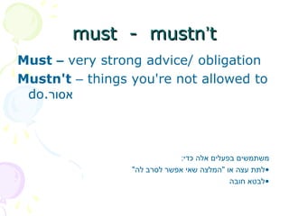 must - mustn
must - mustn’
’t
t
Must – very strong advice/ obligation
Mustn't – things you're not allowed to
do.‫אסור‬
:‫כדי‬ ‫אלה‬ ‫בפעלים‬ ‫משתמשים‬
•
"‫לה‬ ‫לסרב‬ ‫אפשר‬ ‫שאי‬ ‫"המלצה‬ ‫או‬ ‫עצה‬ ‫לתת‬
•
‫חובה‬ ‫לבטא‬
 