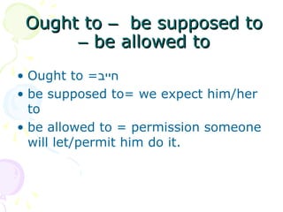 Ought to
Ought to –
– be supposed to
be supposed to
–
– be allowed to
be allowed to
• Ought to =‫חייב‬
• be supposed to= we expect him/her
to
• be allowed to = permission someone
will let/permit him do it.
 