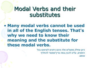 • Many modal verbs cannot be used
in all of the English tenses. That's
why we need to know their
meaning and the substitute for
these modal verbs.
Modal Verbs and their
Modal Verbs and their
substitutes
substitutes
‫בכל‬ ‫לשימוש‬ ‫ניתנים‬ ‫אינם‬ ‫אלה‬ ‫מפעלים‬ ‫שחלק‬ ‫כיוון‬
‫להחליף‬ ‫אפשר‬/‫צריך‬ ‫במה‬ ‫להבין‬ ‫עלינו‬ ,‫הזמנים‬
.‫אותם‬
 