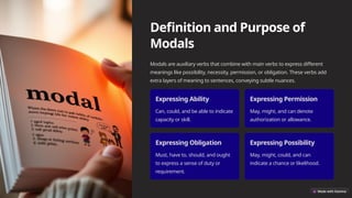Definition and Purpose of
Modals
Modals are auxiliary verbs that combine with main verbs to express different
meanings like possibility, necessity, permission, or obligation. These verbs add
extra layers of meaning to sentences, conveying subtle nuances.
Expressing Ability
Can, could, and be able to indicate
capacity or skill.
Expressing Permission
May, might, and can denote
authorization or allowance.
Expressing Obligation
Must, have to, should, and ought
to express a sense of duty or
requirement.
Expressing Possibility
May, might, could, and can
indicate a chance or likelihood.
 