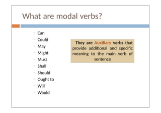What are modal verbs?
They are Auxiliary verbs that
provide additional and specific
meaning to the main verb of
the
• Can
• Could
• May
• Might
• Must
• Shall
• Should
• Ought to
• Will
• Would
sentence
 