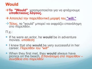 Would
Το "Would" χρησιμοποιείται για να φτιάχνουμε
υποθετικους λόγους.
 Αποτελεί την παρελθοντική μορφή του "will."
Τέλος, το "would" μπορεί να εκφράζει επανάληψη
στο παρελθόν.
Π.χ.:
 If he were an actor, he would be in adventure
movies. υπόθεση
 I knew that she would be very successful in her
career. Παρελθόν του "will"
 When they first met, they would always have
picnics on the beach. Επανάληψη στο παρελθον –
συνήθεια στο παρελθόν
 