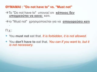 ΘΥΜΑΜΑΙ : "Do not have to" vs. "Must not"
Το "Do not have to" υπονοεί οτι κάποιος δεν
υποχρεούται να κανει κατι.
το "Must not" χρησιμοποιείται για να απαγορεύσει κατι
.
Π.χ.:
 You must not eat that. It is forbidden, it is not allowed.
 You don't have to eat that. You can if you want to, but it
is not necessary.
 