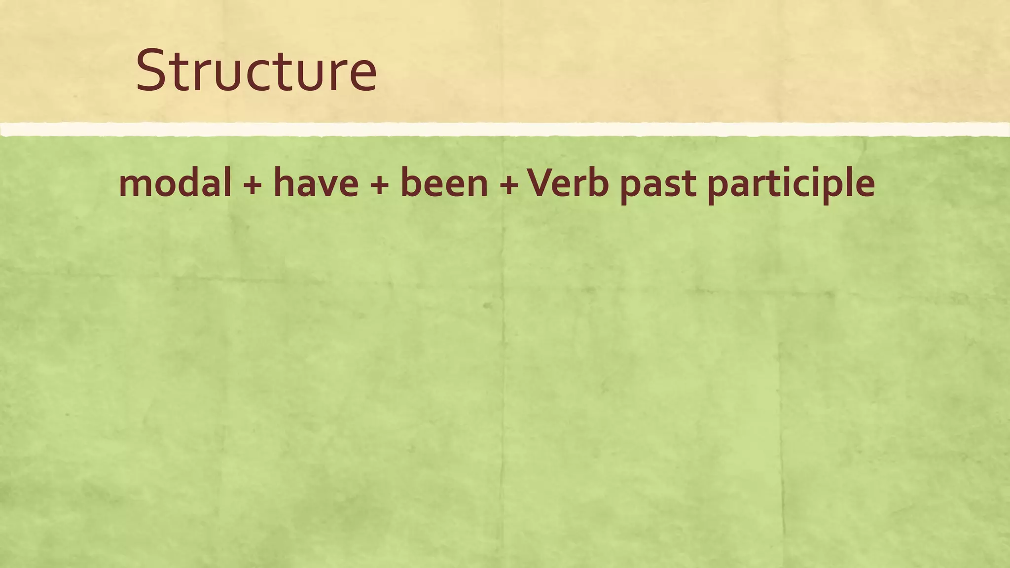 Structure
modal + have + been +Verb past participle
 